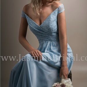 Azure Blue Lace Off-Shoulder Belsoie Dress L194014